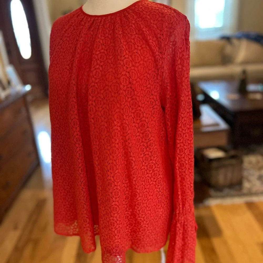 Michael Kors Vibrant Coral Crochet Lace Bell Sleeve Women’s Blouse